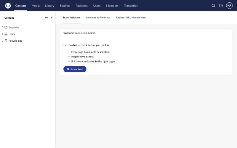 The custom "Team Welcome" dashboard running in the Umbraco 18 Content section, greeting the signed-in user by name.