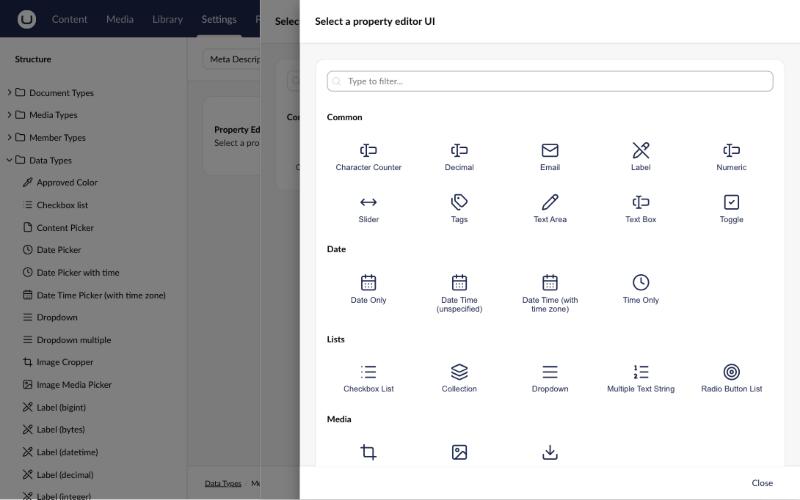 The Character Counter editor listed in Umbraco 18's property editor picker.