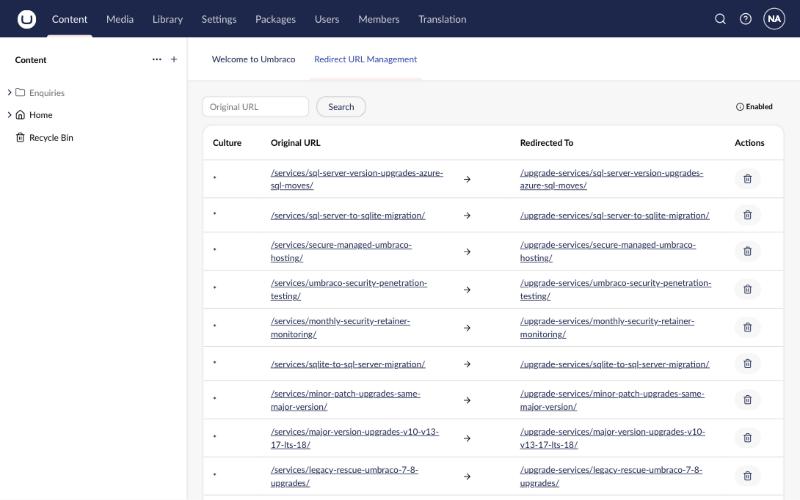 Umbraco's built-in Redirect URL Management dashboard (Content section). Every redirect created when pages are renamed or moved is listed here.