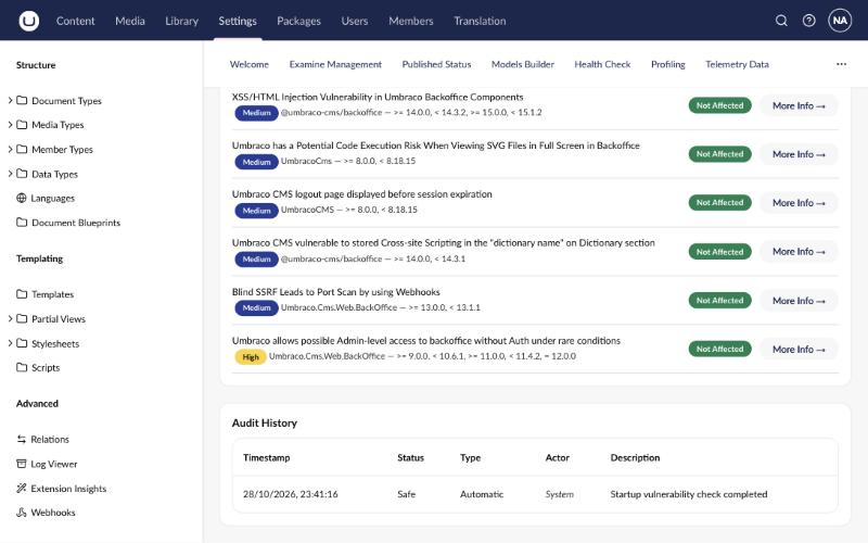 Known advisories with severity, affected versions and verdicts, plus the audit history of each scan.
