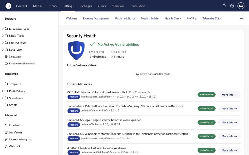 The Security Health dashboard on umbraco.ninja: no active vulnerabilities, with the time of the last and next check.